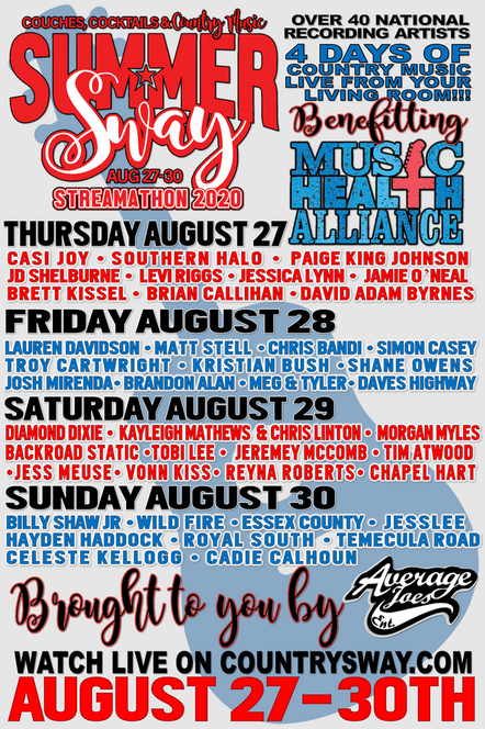 Country Sway's Summer Sway Streamathon To Benefit Music Health Alliance Features More Than 40 Artist Performances Over 4 Days