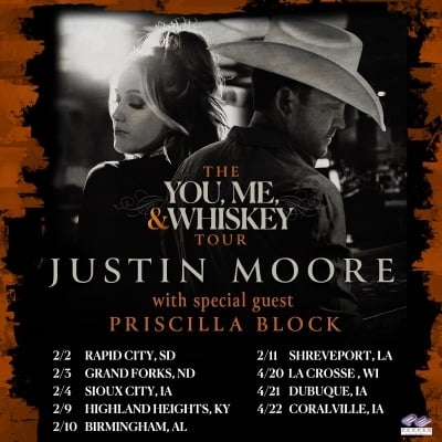 Justin Moore Announces 2023 "You, Me, And Whiskey Tour" With Priscilla Block